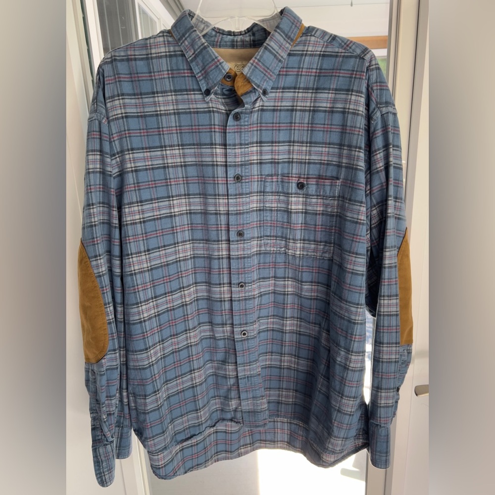 Cabelas Mens Button Down Corduroy Shirt Size XL Blue Plaid Brown Patches Trim